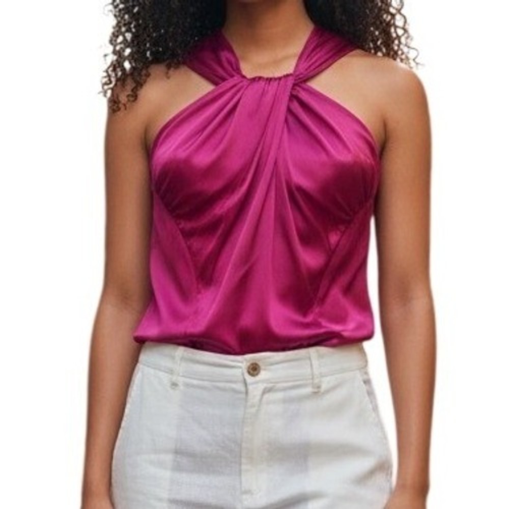 CACHE Fuchsia‎ Pink Silk Blend Twisted Halter Neck Blouse Top EUC Size Medium